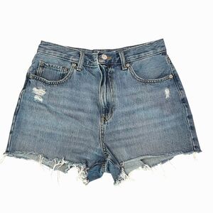 Uniqlo Jeans Denim Distressed High Rise Raw Hem Shorts Pockets Size 27 Blue